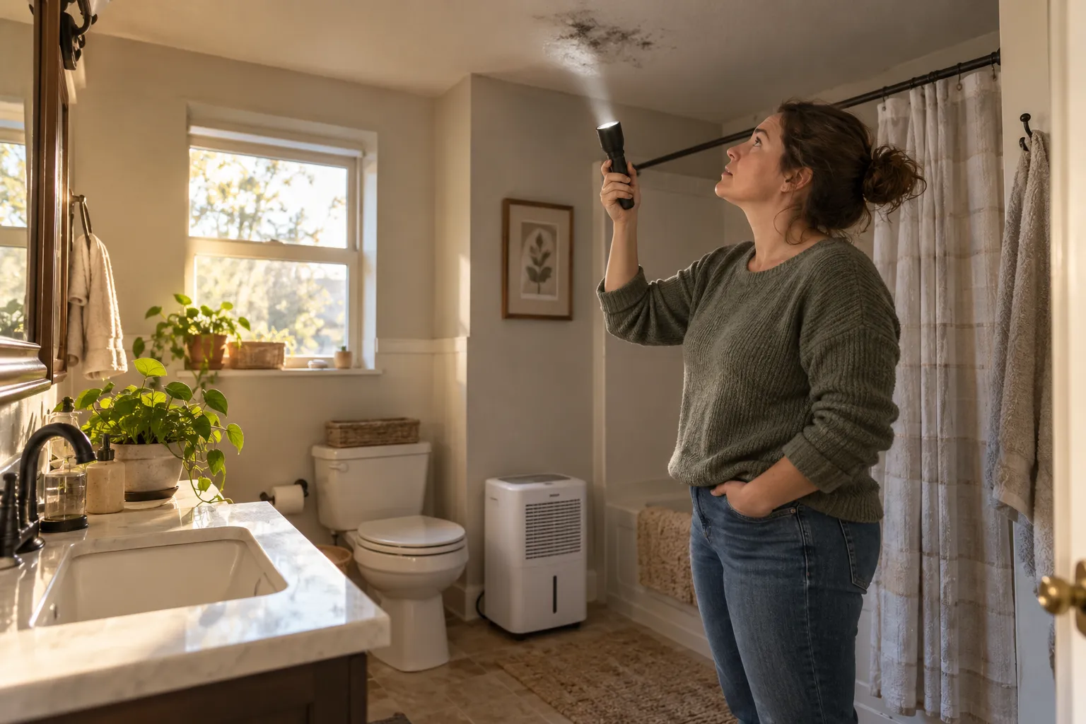 Homeowner checking a bathroom ceiling for mold in a Orlando home
