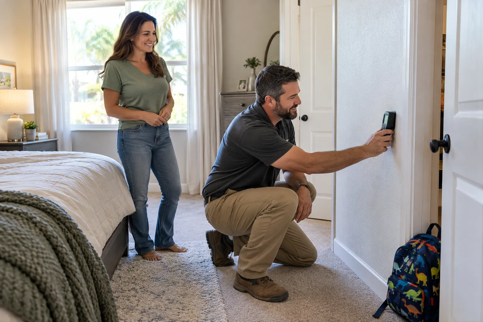 Friendly mold inspector checking a bedroom wall with a moisture meter in a Orlando home